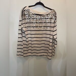NWT LOFT Striped Sequin Embellished Top in Black and Cream - Size‎ XL